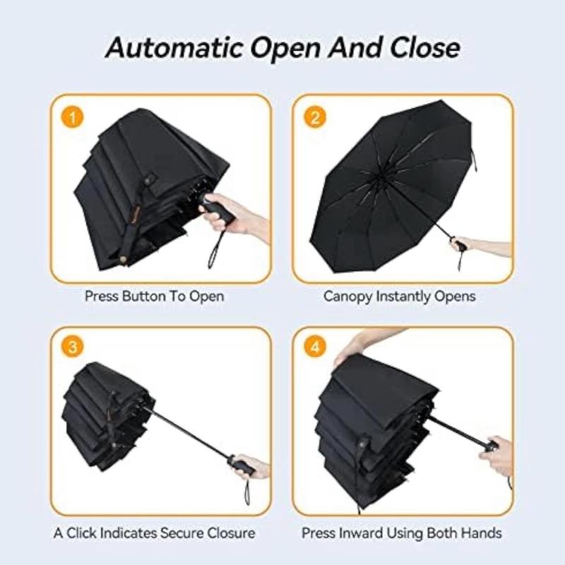 Automatic folding umbrella, Black Umbrella, Windproof Travel Umbrella, Automatic Compact 10-rib Strong, Auto Open Close Lightweight Folding Portable Backpack Umbrella Wind Resistant Rain Proof 2