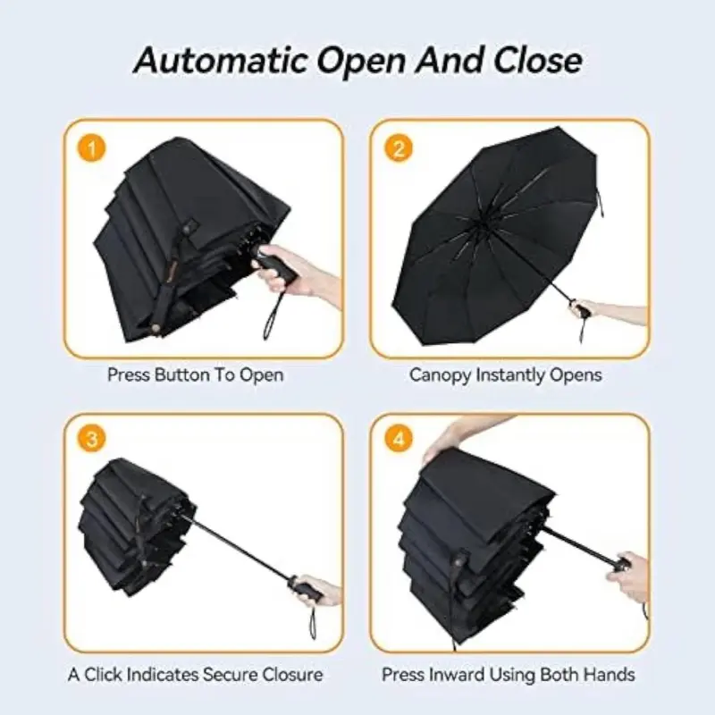 Automatic folding umbrella, Black Umbrella, Windproof Travel Umbrella, Automatic Compact 10-rib Strong, Auto Open Close Lightweight Folding Portable Backpack Umbrella Wind Resistant Rain Proof 2