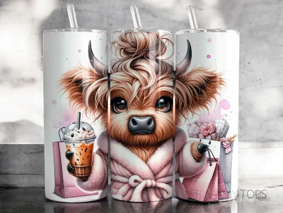 Highland Cow Pink Dressing Gown Tumbler Sassy Hair Up Steel Drinks Cup Portable Straw 0