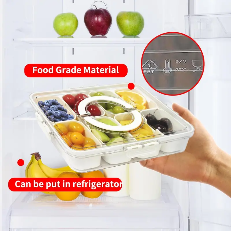 Divided Serving Tray with Lid & Handle, Snack Box Container , Plastic Portable Food Storage Container Snack Platters, 8 Removable Compartment Box for Parties, Reusable Appetizer Clear Organizer for Veggie, Candy, Fruit,Nut Kitchen Utensils Sturdy 2