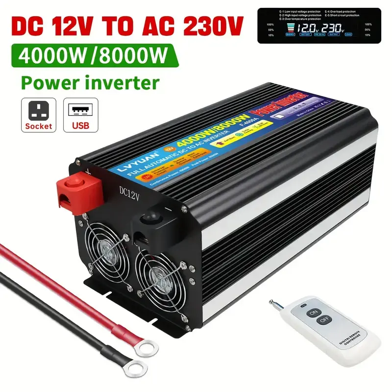 LVYUAN 4000W Power Inverter DC 12V to 240V Converter 8000W Peak with LCD Display, Remote Control and USB Ports for Car, RV, Truck, Off Grid Solar System, Camping