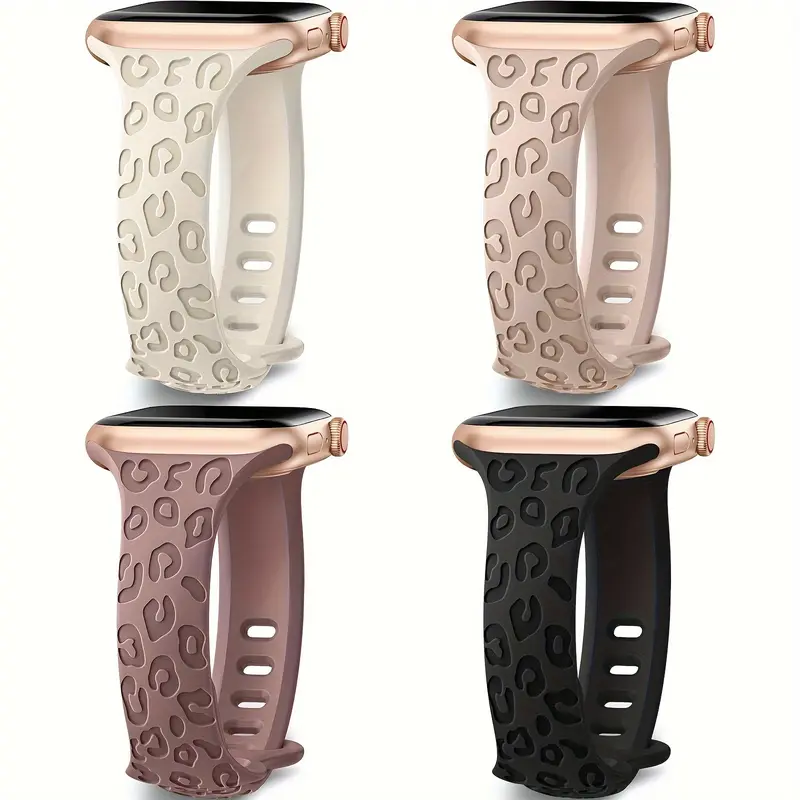 4-Pack Leopard Engraved Stainless Steel Bands Compatible with Apple Watch 38mm 40mm 41mm 42mm 44mm 45mm for Women, Sport IWatch Series Wearable 3