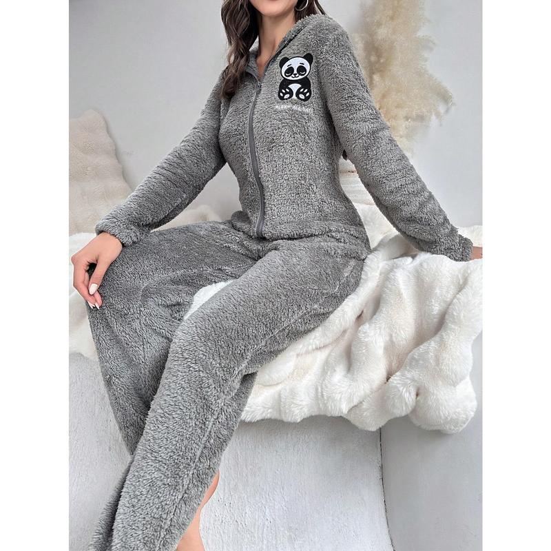 Panda & Letter Embroidery 3D Ear Design Hooded Flannel Sleep Romper Long Sleeve Fit 3