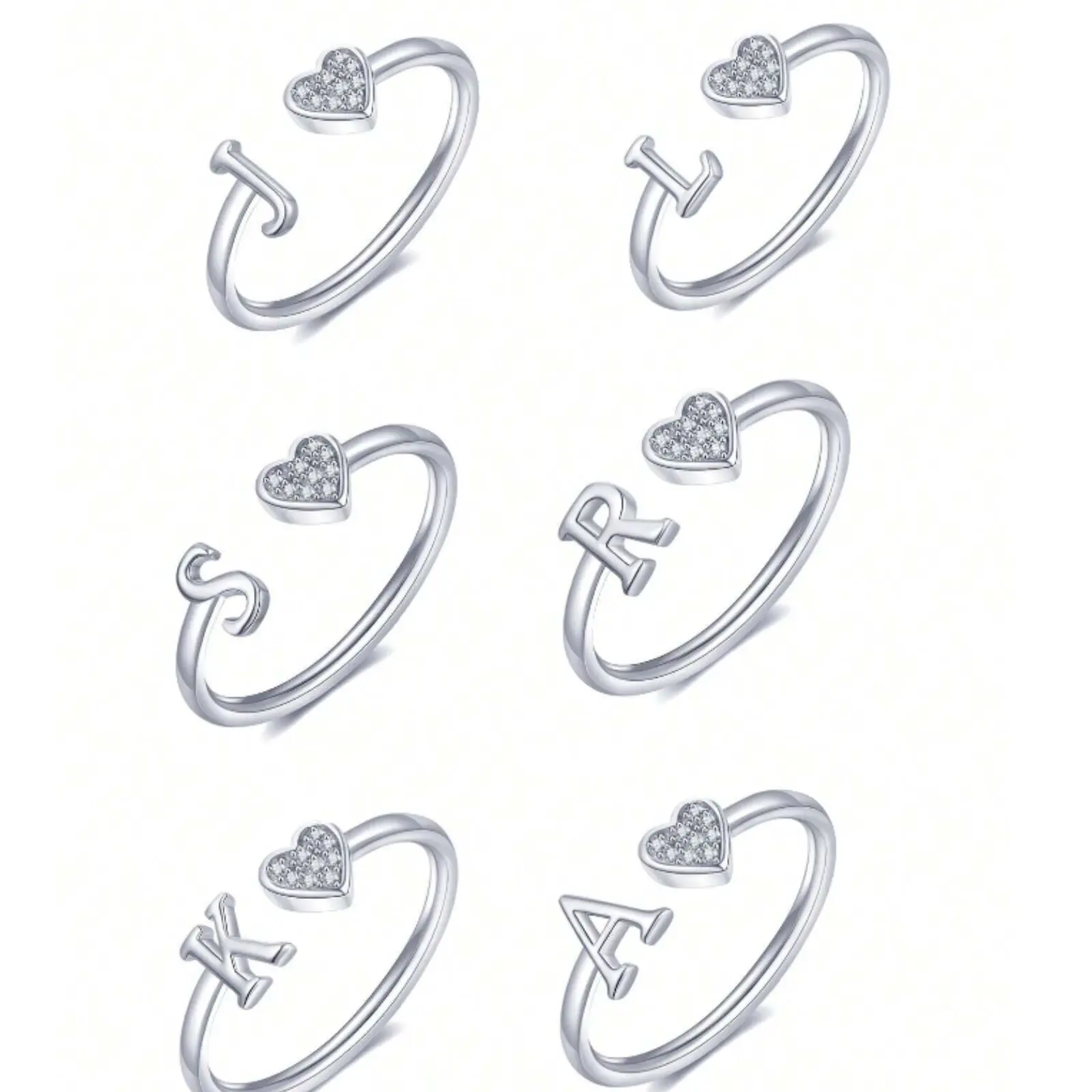 A-Z Small Heart Adjustable Letter Ring, Adjustable Open Ring, Initials, Alphabet, Trendy Party Jewelry for Women