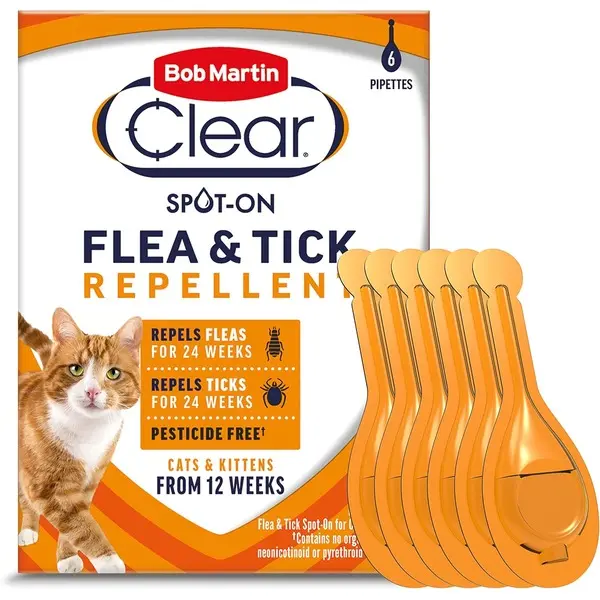 Bob Martin Clear Spot On Flea and Tick Repellent for Cats and Kittens - Pesticide-Free Protection (6 Pipettes)