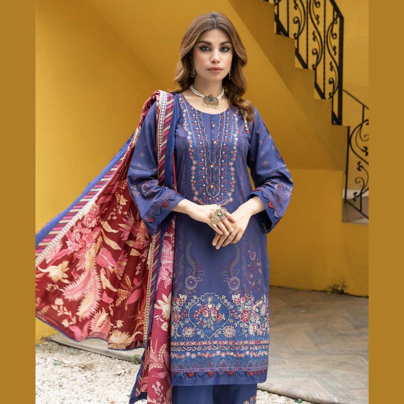 D-MSL-05 - Digital Printed Dhanak Gala Daman Embroidery Suit with Pashmina Shawl and Dyed Trouser 2