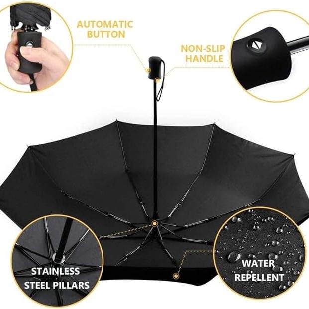 Black Umbrella, Folding Umbrella, 8 Ribs Compact Windproof Umbrella, Auto Open/Close, Sturdy Reinforced Canopy Automatic Portable Travel Umbrella for Men&Women Comfortable 5