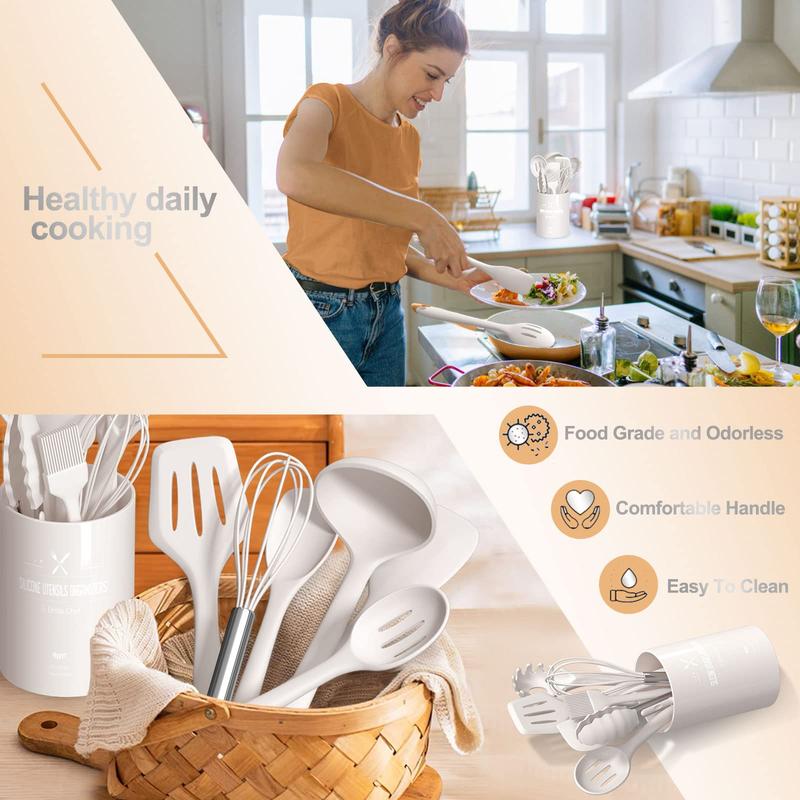 Silicone Kitchen cooking Utensils Set, 22 Pcs Heat Resistant Khaki Cooking Utensils Set, Turner, Tongs, Spoon, Spatula, Kitchen Gadgets Tools Set For Nonstick Cookware 4