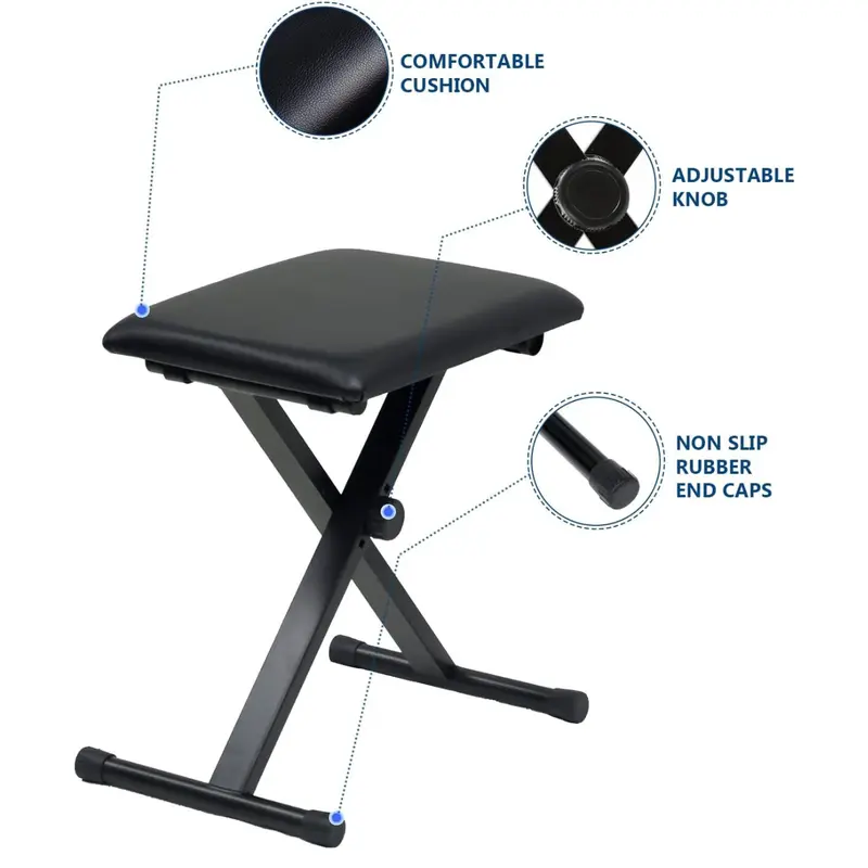 Adjustable Height X-Style Padded Folding Piano Bench with High-density Sponges - Sturdy Durable Metal Music Stool for up to 160 Kg - Portable PU Leather Pedded Stool - Black - Easy Clean 2