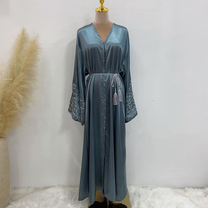 Product Introduction of HS1024 1pcs Satin Cardigan Handmade Beaded Dress Abaya 21