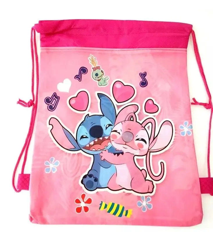 Pink Angel & Stitch Children's PVC Drawstring Bag - Schoolbag Cartoon Kids Gifts - Perfect Christmas or Birthday Gift for Boy or Girl