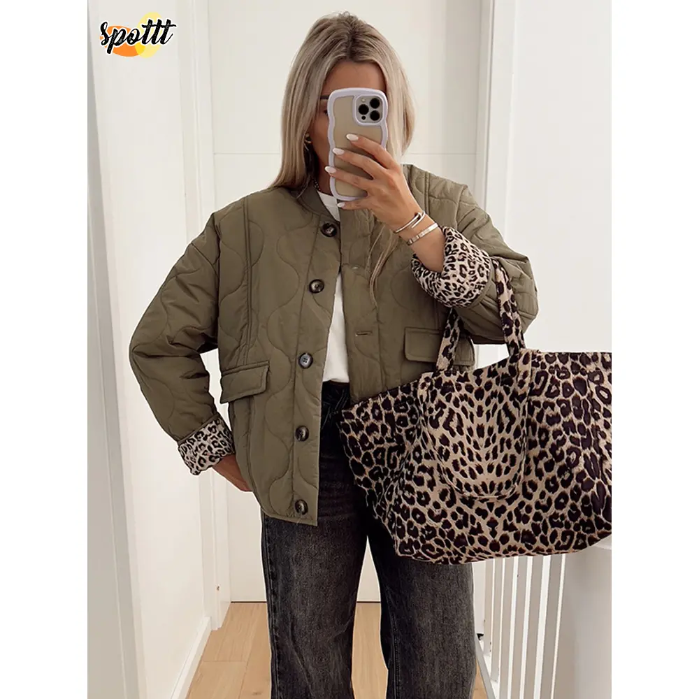 Fashion Leopard Print Lined With Cotton Jacket Women Round Neck Single-breasted Quilted Jacket Woman 2024 Fall Winter Warm Coats
