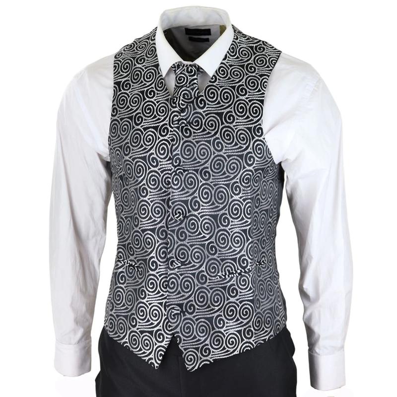 Men's Wedding 3 Piece Black Suit Silver Cravat Waistcoat Groom Bestman 4