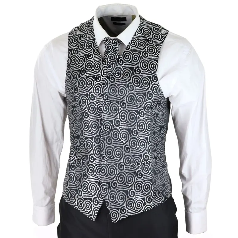 Men's Wedding 3 Piece Black Suit Silver Cravat Waistcoat Groom Bestman 4