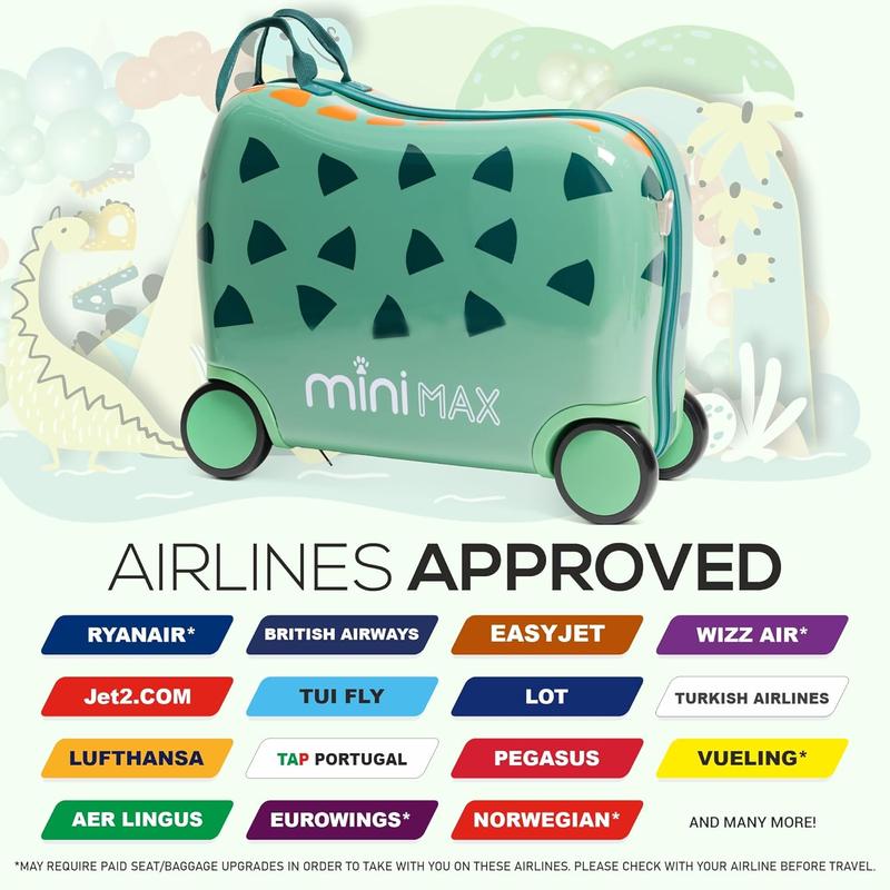 Aerolite MiniMax Childrens Ride-On Suitcase Fits 45x36x20cm Easyjet Maximum Size Kids Hand Luggage With Wheels 29L, Free Neck Pillow, Travel Bag & Stickers (Green) 2