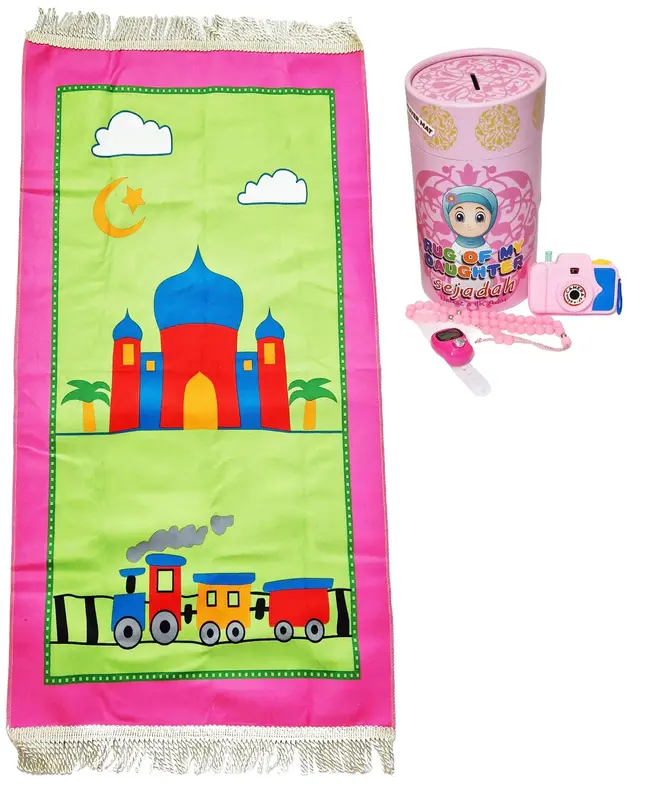 Girl Kids Gift Box Muslim Prayer Mat Digital Tasbih, Bioscope Camera, Tasbeeh Soft Janamaz Islamic Ramadan Eid Gift 0