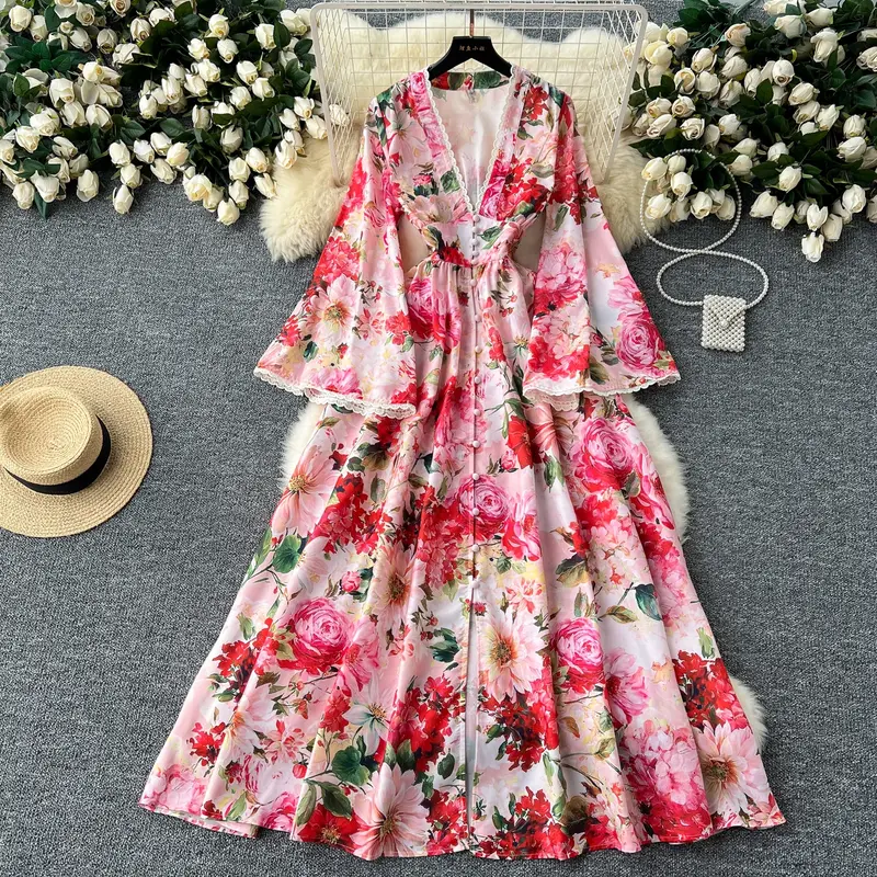 High-end Floral Dresses Women V-neck Stitching Dress Long Maxi Dress 0