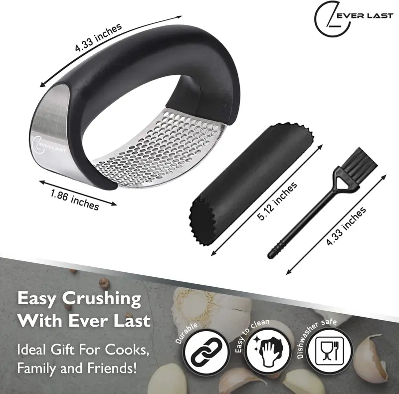 Garlic Press with Steel Edge - Stainless Steel - Premium Quality Kitchen Utensil for Easy Garlic Peeling and Cleaning - Utensils 5