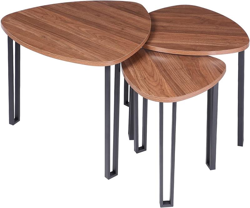 Set of Triangle Table Wood/Metal Coffee Living Room End Tea Nesting Tables Angled Legs 3
