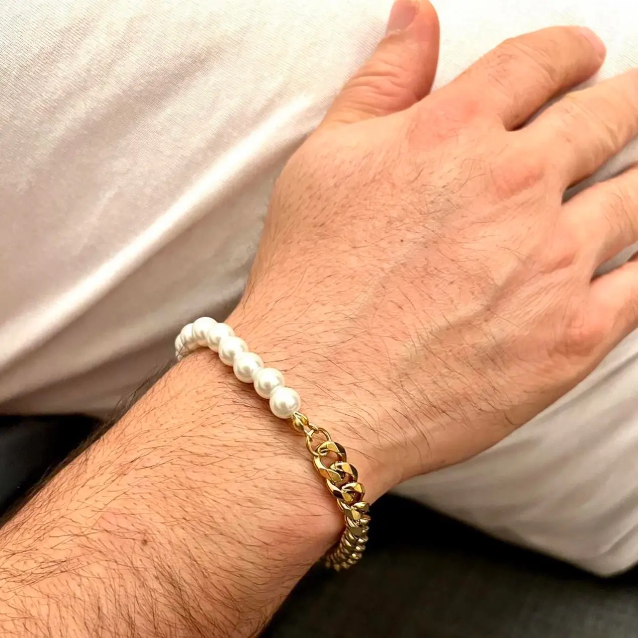 High Quality, gold plated Stainless Steel curb chain and pearl Men’s bracelet