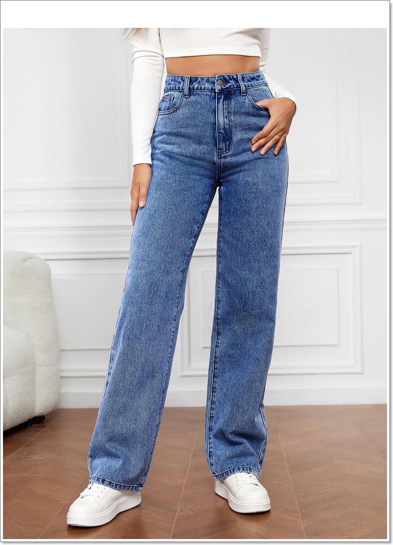 Product Introduction of Women Jeans Straight Pants Denim Washing High Waist Loose Fit Pockets Basics Ankle Length Pants Solid Color Slight Strech 9