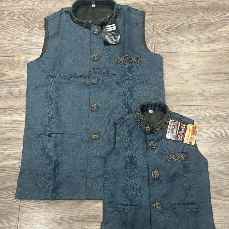Blue/grey Mens and boys matching waistcoat with stonework 2