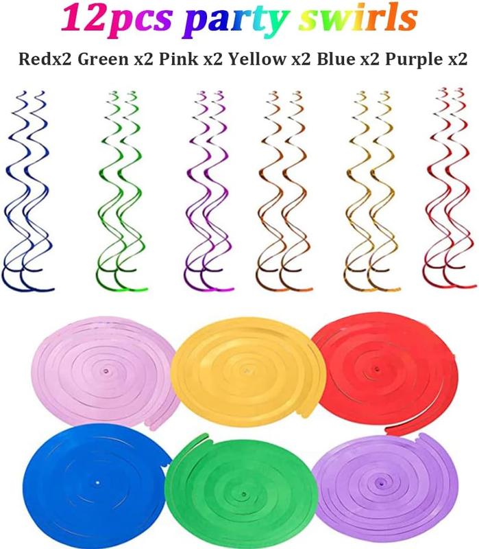 Party Decoration Kit, Reusable Rainbow Party Decorations Hanging Paper Fans Pompoms, Festival Party Decorations, Hanging Swirls, Triangle Bunting Flags for Adults Girls & Boys 3