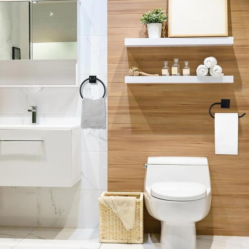 Product Introduction of 2 Packs Toilet Roll Holder, Black Toilet Paper Holder Towel Ring Stainless Steel Wall Mounted Towel Holder Bathroom Accessories 6