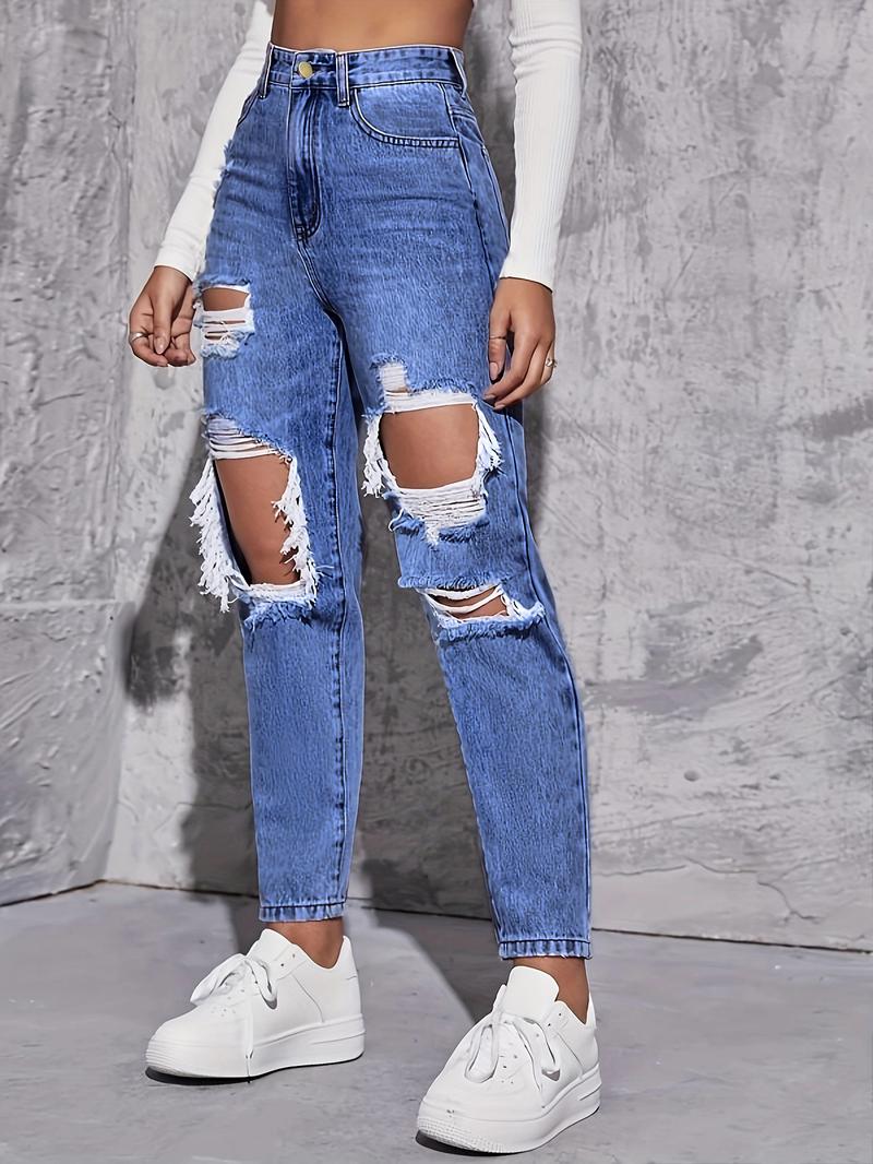 Product Introduction of American Retro Hole-punched Jeans Women High Waist Straight-crotch Loose Slim Design High-street Vibe Wide-legged Dragging Pants 8