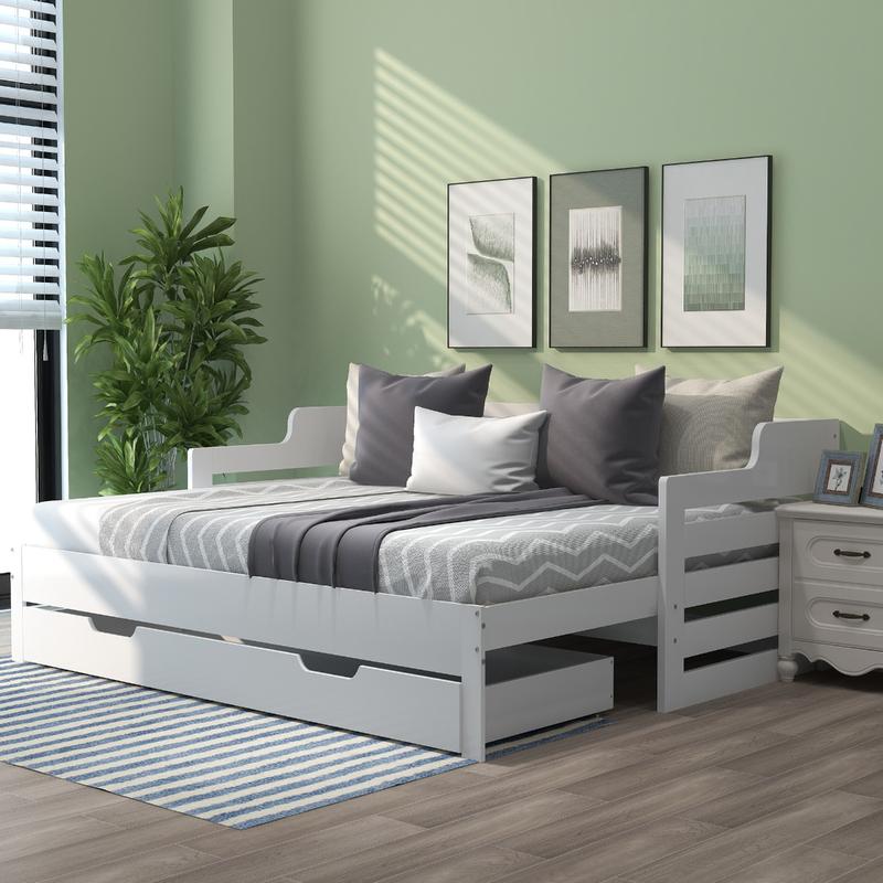 Single Bed Turns Into Double, Pull Out Sofa Bed Double with Trundle and Storage Drawer, Cabin Daybed for Living Room and Bedroom, 90 X190 CM - White (No Mattress) 0