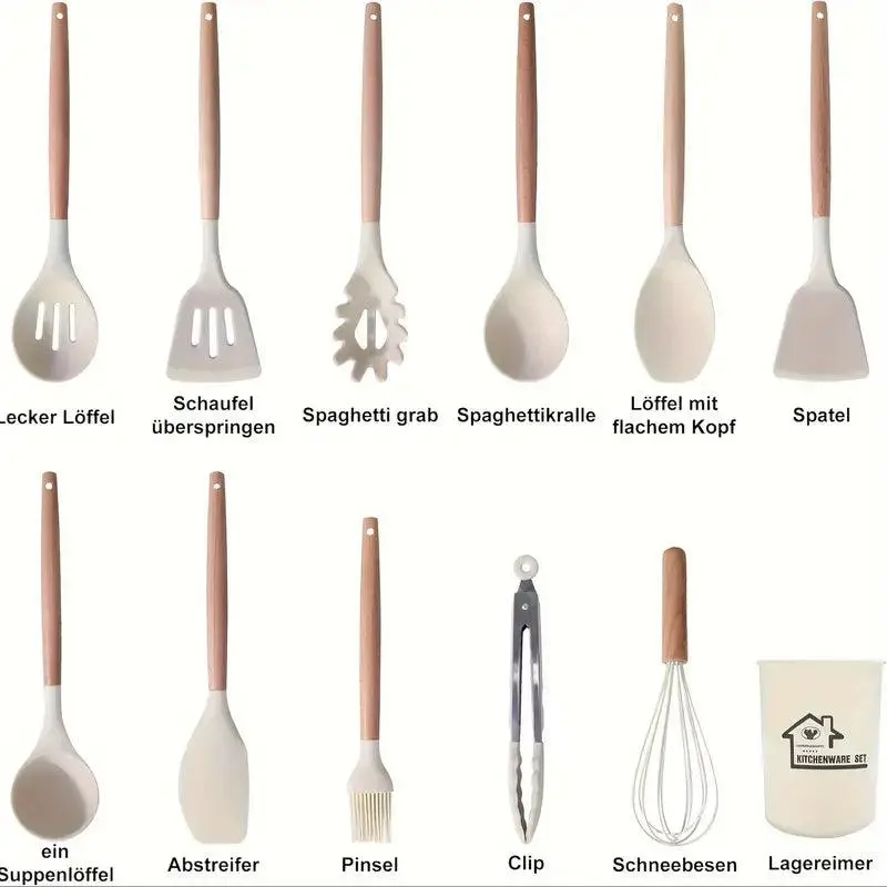 12 Pcs Non-Stick Silicone Cooking Utensils Spatula, Tong, Whisk Set  with Wooden Handle 3