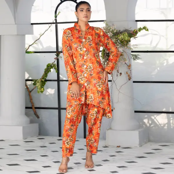 Readymade womenswear Linen Ethnic Floral Printed CO-ORDS-1452-Orange Shirt Suit