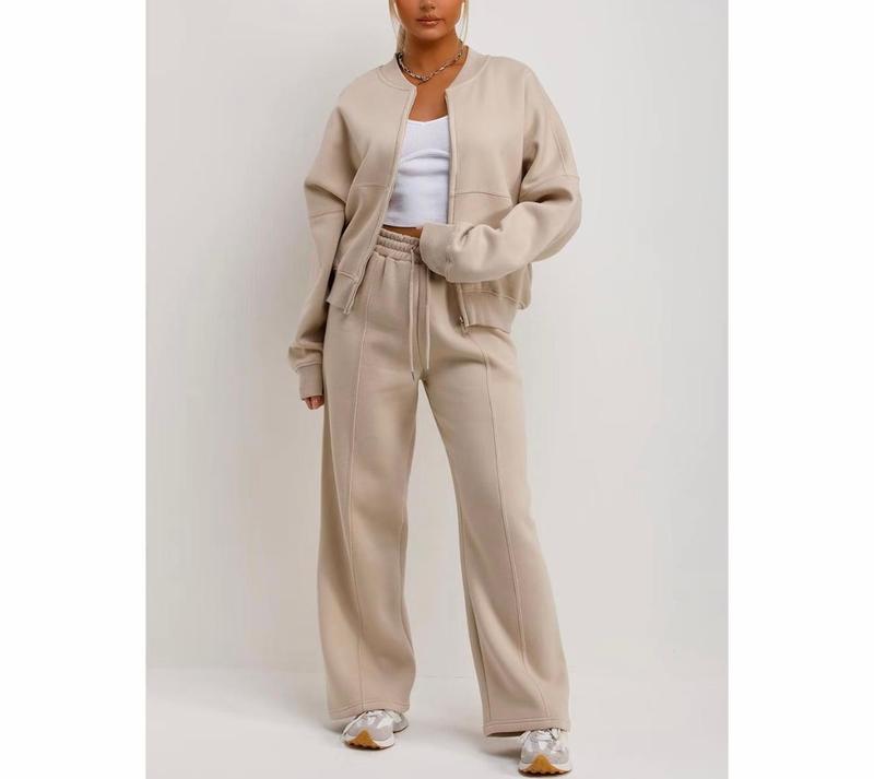 Bomber Sweatshirt With Zip And Joggers Loungewear Set Oatmeal Womenswear 3