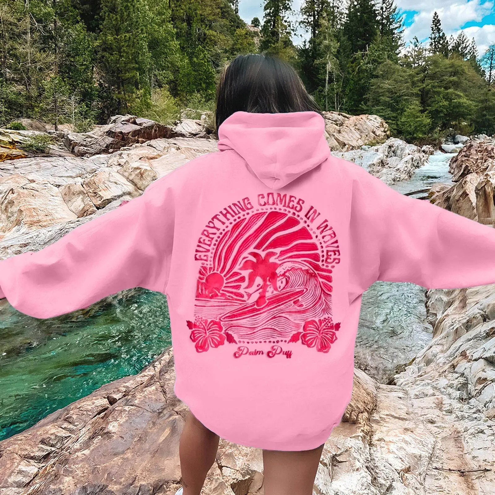 Letters Back Print Sweatshirts Long Sleeve Loose Trendy Pink Palm Puff Hoodless Sweatshirt Streetwear for Women