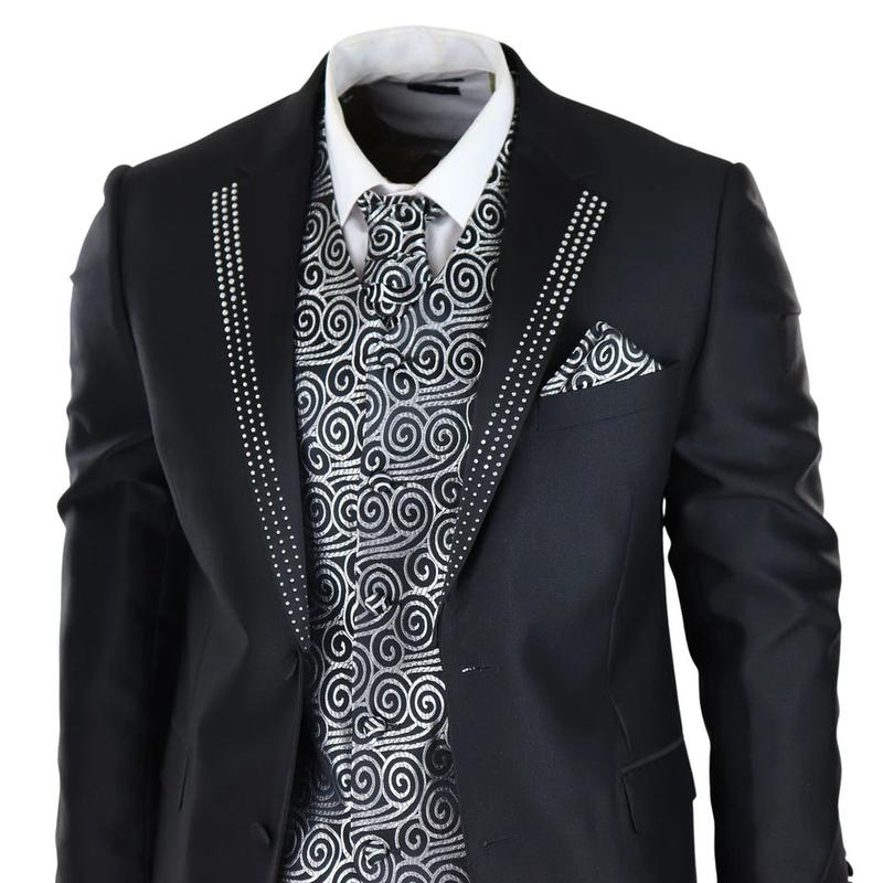 Men's Wedding 3 Piece Black Suit Silver Cravat Waistcoat Groom Bestman 2