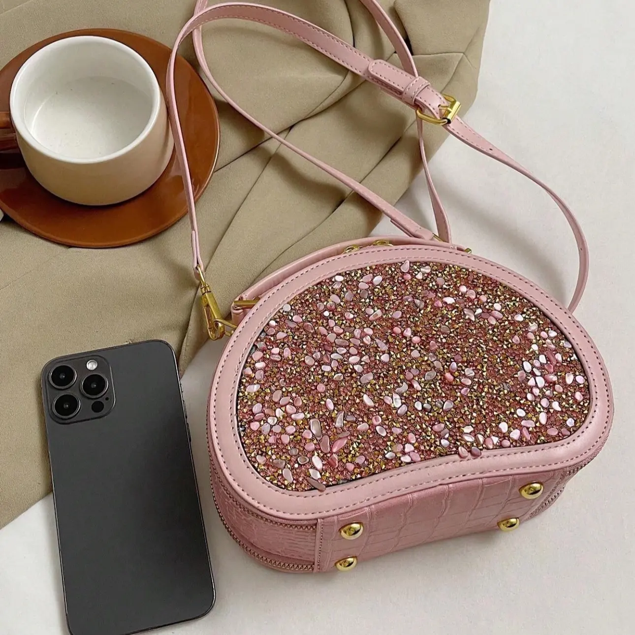 Luxury Glitter Stone Pattern Small Round Bag for Women - Handheld Crossbody & Shoulder Bag