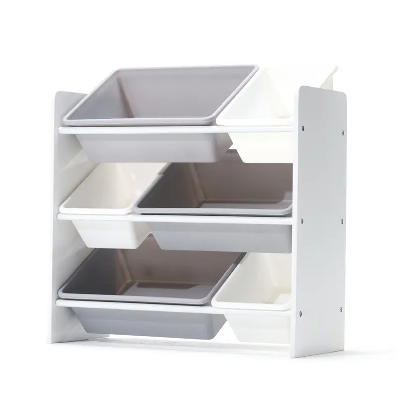 Kids Wooden Toy Storage Shlef with 6 Removable Plastic Bins - White Organiser Racks for Kids Play Room, Storage Shelf 1