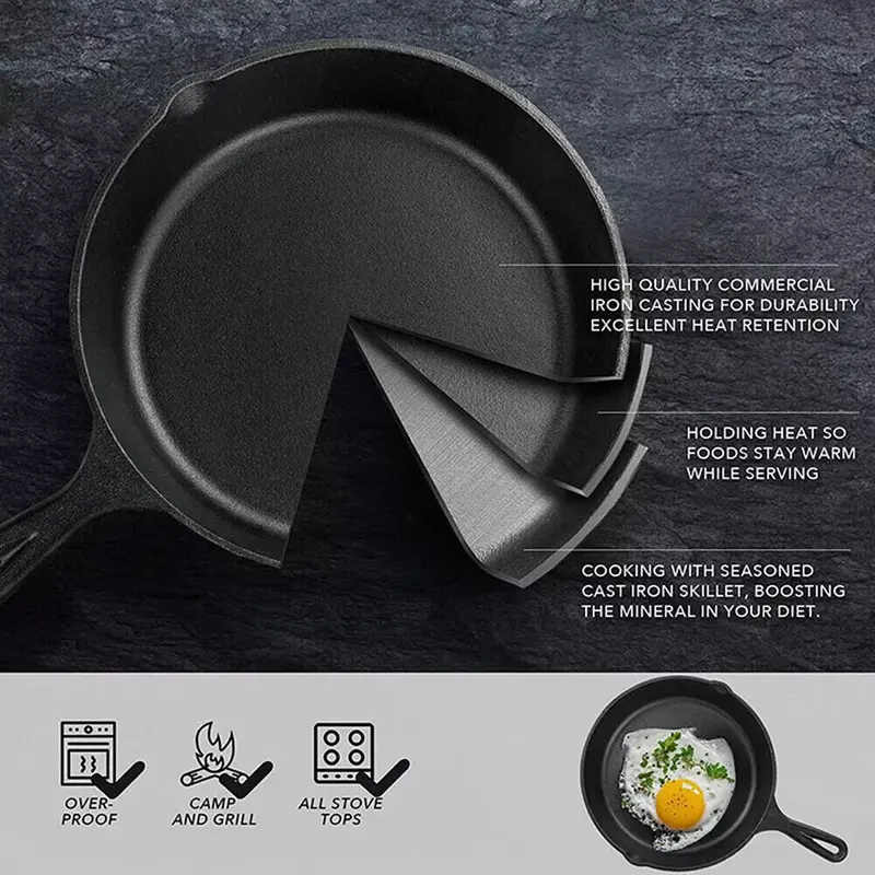 3 Piece Black Cast Iron Skillet Set- 3 sizes - 6",8",10" Cookware Pans 4