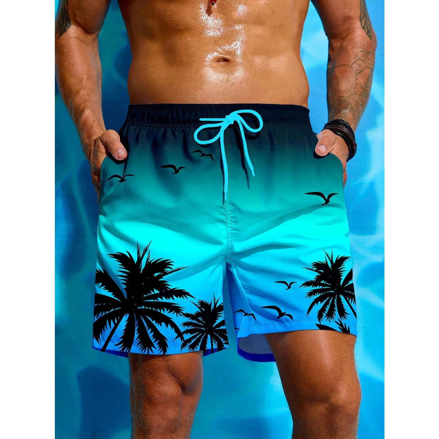 Summer Vacation Men's Palm Tree Print Drawstring Waist Board Shorts Fashion Swim Trunks 3D Print Breathable Short Streetwear