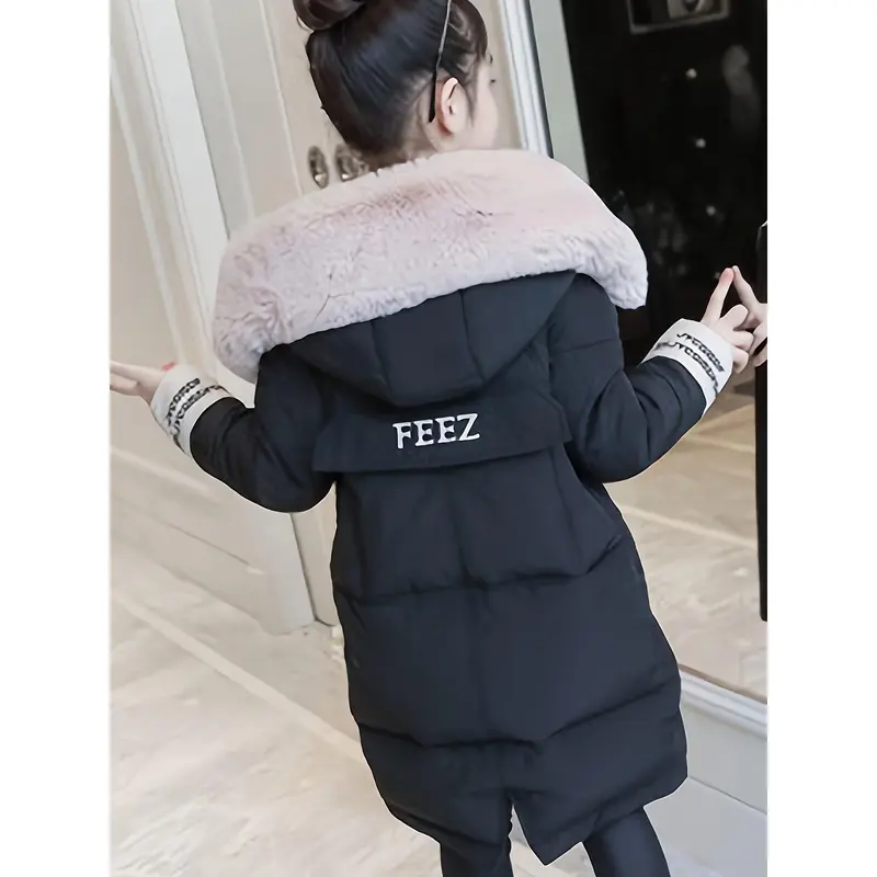Girls Trendy Furry Hooded Collar Long Polyester-Padded Jacket, Mid-length Kids Winter Clothes 1