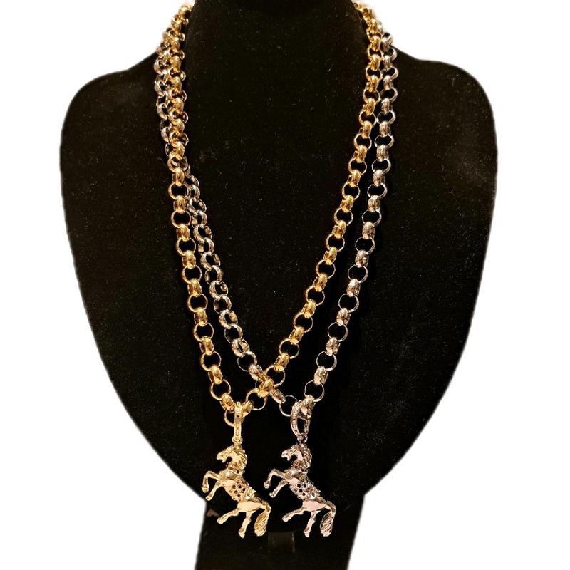 horse pendant on medium weight belcher chain gold or silver plated available stainless Steel 24inc length 1
