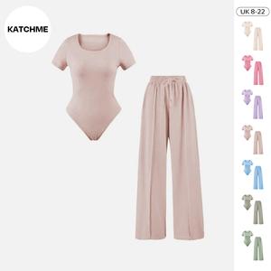 KatchMe Women's Trendy Square Neck Shaping Bodysuit & High Waist Pocket Wide Leg Trousers Co-ord,Shapewear Bodysuit,Two-piece Outfit for Womenswear