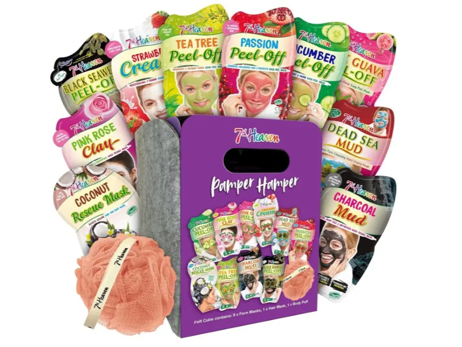 Pamper Hamper Skincare Set - 9 x Face Masks Skincare, 1 x Hair Masks for Dry Damaged Hair and 1 x Body Puff - Gift Set of Peel Off Face Masks & Clay Face Mask Sachets