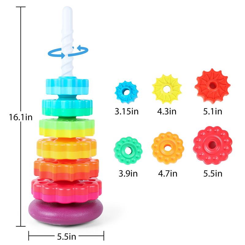 deAO Rainbow Stacking Tower Toy – Colorful Spiral Gear Stacking Game for Toddlers – Interactive Rotating Tower for Early Learning, Hand-Eye Coordination & Motor Skills Development – Safe & Durable Baby Toy 3