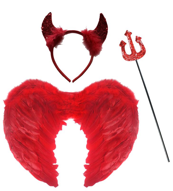 Red Feather Wings, Sequin Devil Horns with Headband, Sequin Fork - Halloween Devil Fancy Dress 3 Pcs Set 0