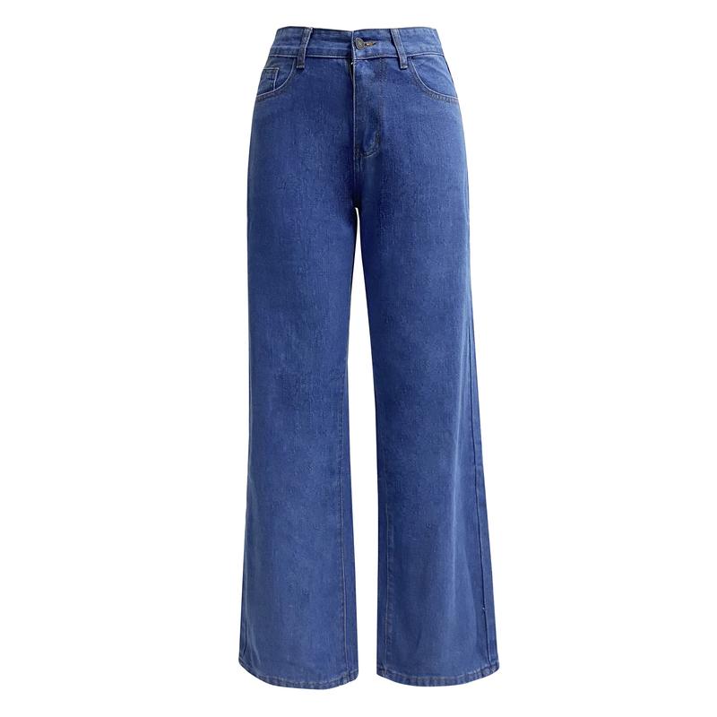 Product Introduction of Women Jeans Straight Pants Denim Washing High Waist Loose Fit Pockets Basics Ankle Length Pants Solid Color Slight Strech 3