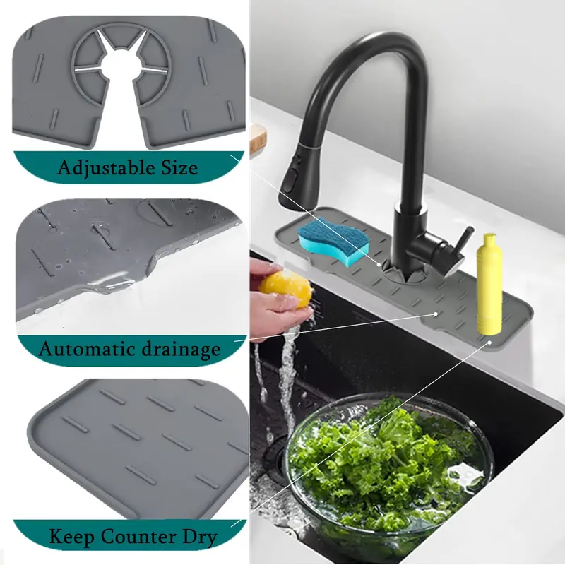 Silicone Faucet Splash Guard, Kitchen Sink Mat, Multifunctional Silicone Drain for Bathroom Kitchen Accessories, Handle Drip Catcher Tray Washing 3