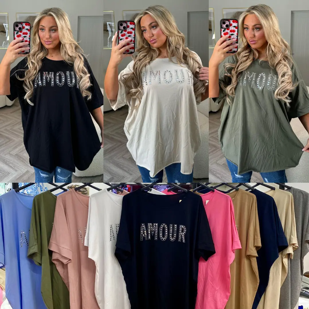 Womens Diamante Amour Oversized T-Shirt Ladies Shining Summer Holiday Chic Commuter Loose Style Streetwear Blouse Top Womenswear