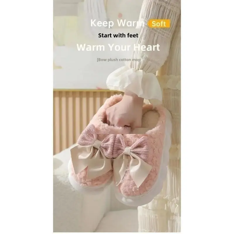 New Bow Cotton Slippers Women's Indoor Home Use Warm Thick Bottom Anti-slip Postpartum Slippers Women's Sweet Style 6