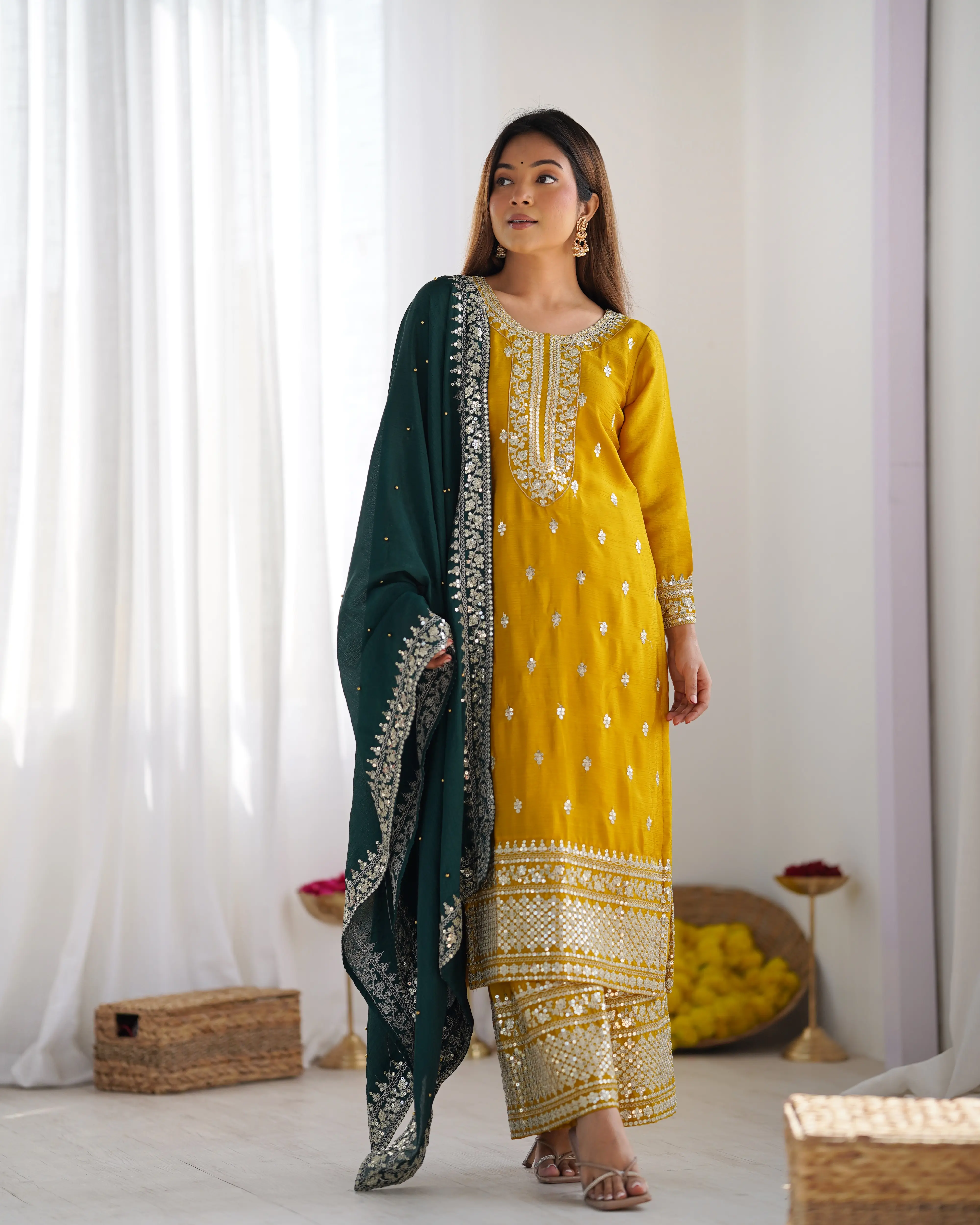 Women's Yellow Chinnon Silk Dress with Embroidery Sequence Work and Full Sleeves - Festival Collection - Dupatta, Cotton